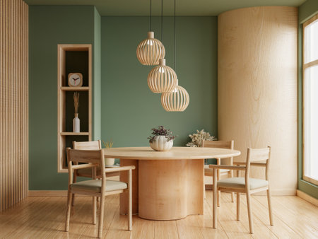Modern kitchen and dining room on empty green wall background- 3D renderingの写真素材