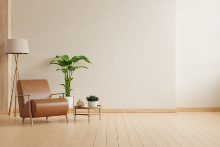 Cozy modern living room with leather armchair and decor on white color wall background- 3D renderingの写真素材