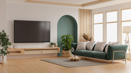 Wall mounted tv mockup on cabinet in living room with green sofa and decor accessories- 3D renderingの写真素材