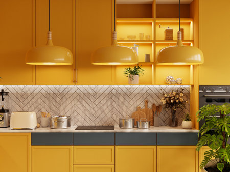 Yellow kitchen room and minimalist interior design on mockup wood slat wall- 3D renderingの写真素材