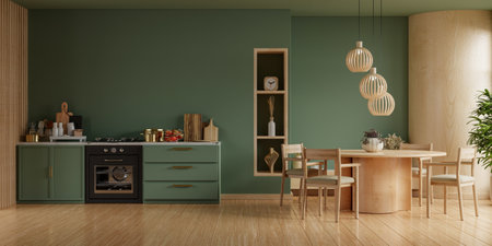 kitchen room interior design with dark green wall,Dining room interior- 3D renderingの写真素材
