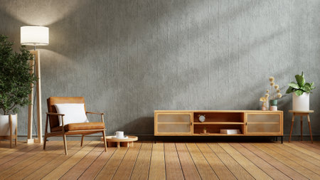 Wall concrete style TV room with leather armchair and decoration accessory- 3D renderingの写真素材
