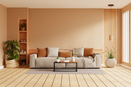 Bright and cozy modern living room interior have sofa and plant with brown wall- 3D renderingの写真素材