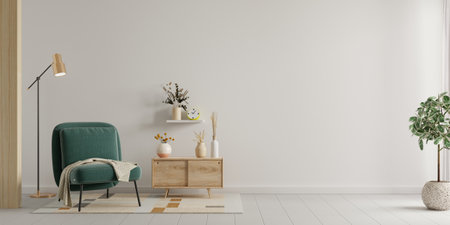 Living room style minimal with green armchair on empty white wall background- 3D renderingの写真素材