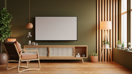 Mockup a TV wall mounted with leather armchair in pastel tone dark green color wall- 3D renderingの写真素材
