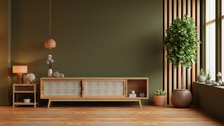Wood shelf tv in modern empty room with green wall,minimal design- 3D renderingの写真素材