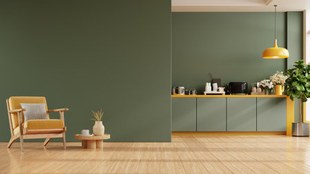 Green kitchen and minimalist interior design with yellow armchair- 3D renderingの写真素材