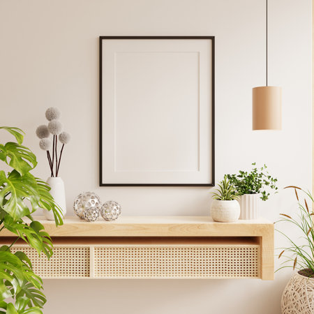 Mockup poster frame close up and wood cabinet in cozy white interior background- 3D renderingの写真素材