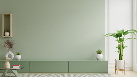 Minimalist living room interior have green cabinet for TV and decor accessories with green color wall- 3D renderingの写真素材