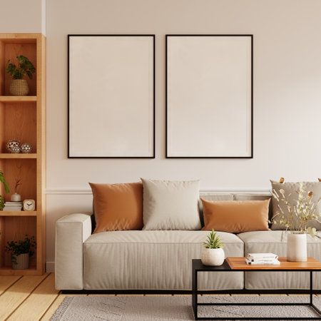 Mockup poster frame on the wall of living room with sofa and table on empty white wall background- 3D renderingの写真素材