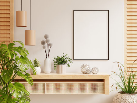 Mockup poster frame close up and wood cabinet in cozy white interior background- 3D renderingの写真素材