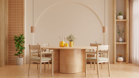 Modern kitchen and dining room on empty cream color wall background- 3D rendering