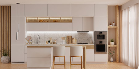 Modern kitchen room interior design with white color wall- 3D rendering