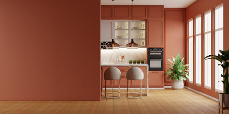 Mockup brown wall in modern kitchen room and minimalist interior design- 3D renderingの写真素材