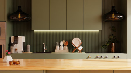 Green kitchen room and minimalist interior design,Mockup wood table- 3D renderingの写真素材