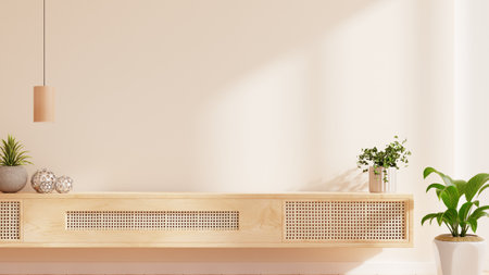 Wooden cabinet and accessories decor in living room interior on empty white tone background- 3D renderingの写真素材