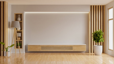 Mockup a cabinet television wall mounted with decoration in white tone room- 3D renderingの写真素材