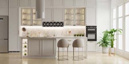 Minimalist kitchen room interior design with white tone room- 3D renderingの写真素材