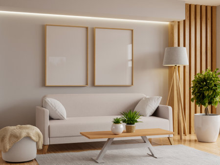 Living room with a sofa and picture frames bathed in warm sunlight- 3D renderingの写真素材