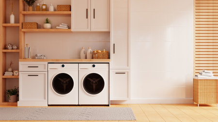 Modern washing machine in a laundry room against a white wall background- 3D renderingの写真素材