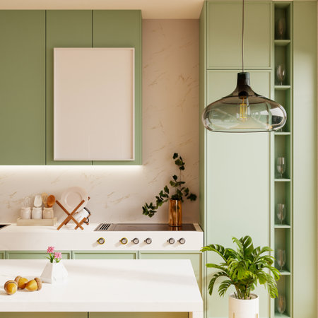 Mockup poster frame on an empty green wall in a kitchen interior- 3D renderingの写真素材