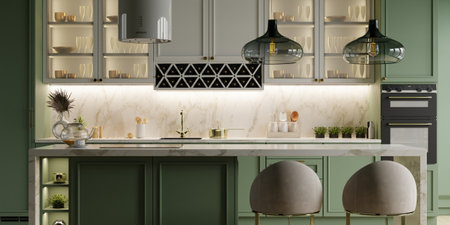 Minimalist interior design with a green kitchen and mockup wooden table- 3D renderingの写真素材