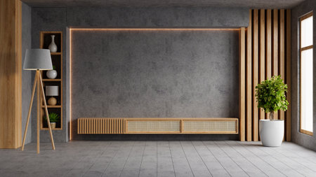 Living room setup featuring a TV cabinet against a concrete wall- 3D renderingの写真素材