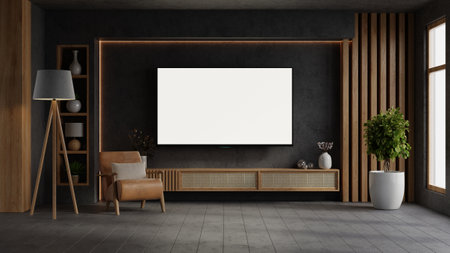Contemporary living room with dark walls, a sleek flat-screen TV, and minimalist wooden furniture- 3D renderingの写真素材