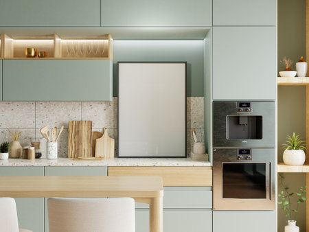 Modern kitchen with mockup poster frame and accessories on a sage green Wall- 3D renderingの写真素材