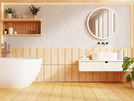 Bathroom interior with a warm and inviting ambiance features a sleek white bathtub, a wooden vanity with a modern round mirror- 3D renderingの写真素材