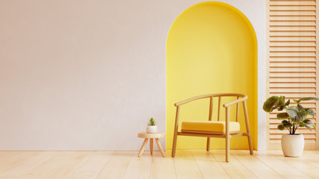 Living room with a vibrant yellow accent wall features a modern wooden chair with matching cushions- 3D renderingの写真素材