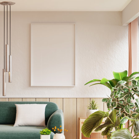 Mockup frame poster hanging on a white wall above a light green sofa, surrounded by various indoor plants in a cozy living room setting- 3D renderingの写真素材