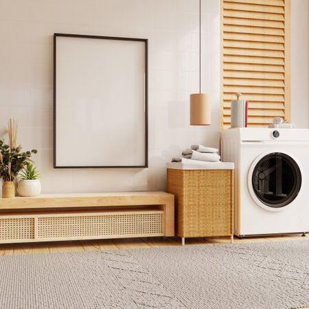 Mockup frame poster hangs above a modern laundry area with natural decor- 3D renderingの写真素材