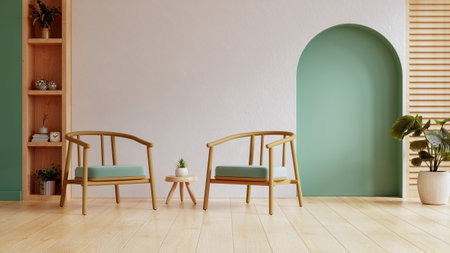 Room showcases a serene and simple design with two wooden chairs, a small table- 3D renderingの写真素材