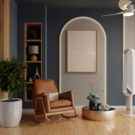 Mockup poster is elegantly framed within a stylish, arched panel, complementing the cozy, modern decor of the room- 3D renderingの写真素材