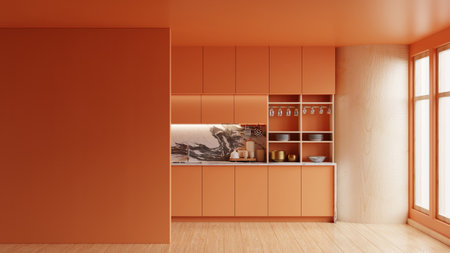 Modern kitchen room with a brown wall mockup and minimalist interior design- 3D renderingの写真素材