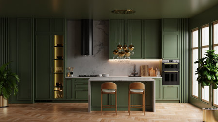Green kitchen room features a minimalist interior design, combining sleek cabinetry with clean lines for a modern and serene cooking space- 3D renderingの写真素材