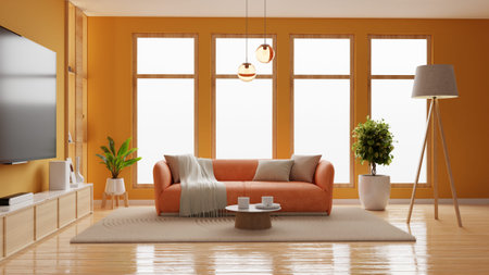 Modern wooden living room with an orange sofa on empty dark green wall background,Minimal room- 3D renderingの写真素材