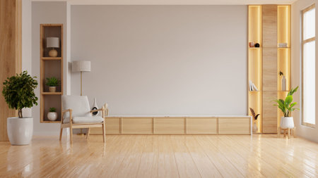 Modern wooden living room with an armchair on empty white wall background,Mockup a TV room- 3D...