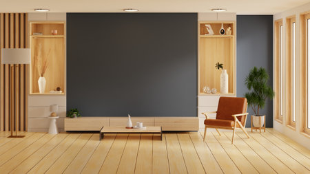 Modern interior of living room with leather armchair on wood flooring and dark blue wall,Wall for TV- 3D renderingの写真素材