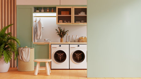 Mockup wall in a laundry room against a pastel green wall background- 3D renderingの写真素材