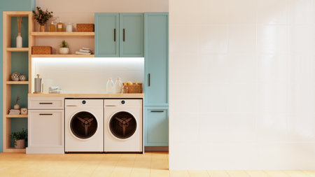 Mockup wall in a laundry room against a pastel blue wall background- 3D renderingの写真素材
