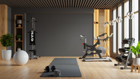 Modern gym interior with sport and fitness equipment on black wall background- 3D renderingの写真素材
