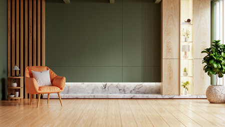 Home interior with an orange armchair on empty green wall background,Minimal room- 3D renderingの写真素材