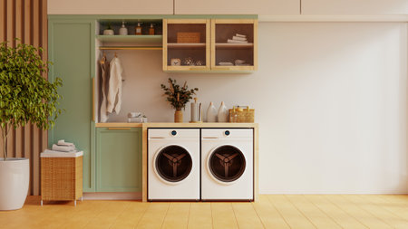 Mockup wall in a laundry room against a pastel green wall background- 3D renderingの写真素材
