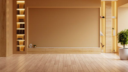 Mockup a cabinet television wall mounted with decoration in living room and brown wall- 3D renderingの写真素材
