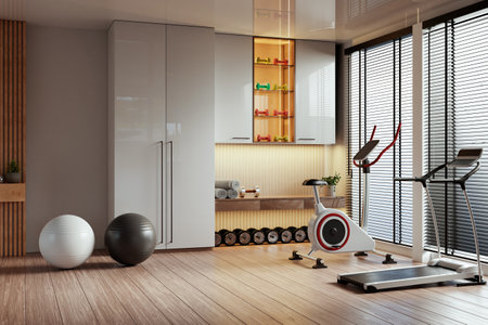 Interior of modern light gym is well-equipped with modern machines and fitness gear, offering a functional and comfortable space for workouts- 3D renderingの写真素材