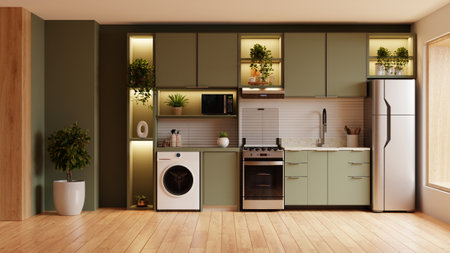 kitchen room interior design with dark green wall,Dining room interior- 3D renderingの写真素材