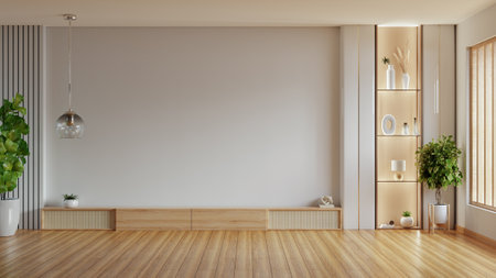 Shelf for tv in modern empty room,minimal design,mockup wall- 3D renderingの写真素材