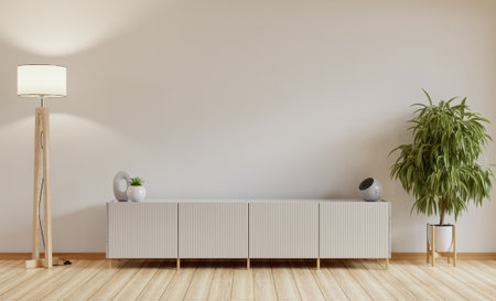 Mockup white wall background,Modern living room decor with a tv cabinet- 3D renderingの写真素材